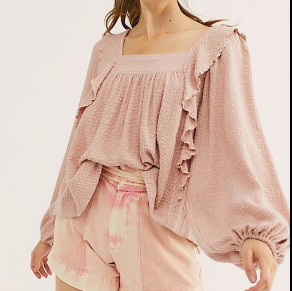 Free People Blush Pink Swiss Dot Ruffle Peasant Blouse